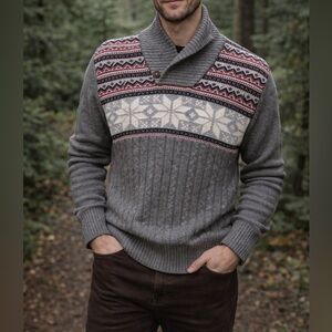 Chaps Men’s Fair Isle Shawl Collar Sweater Size Large Button Neck Nordic Style